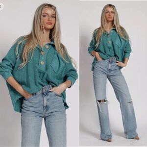 Blue Buttercup Teal Mineral Washed Waffle Oversized Top